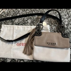 Guess Tan and White Crossbody Bag with Structured Design
